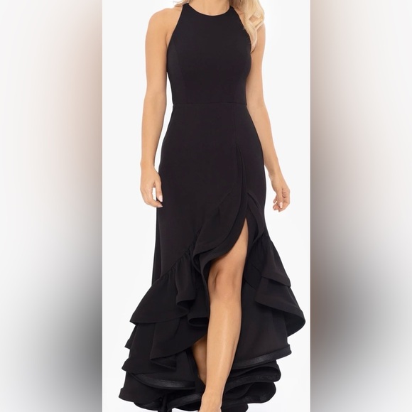Betsy & Adam tiered halter NWT scuba crêpe gown ruffles Sz 4P Elegant Formal - Picture 1 of 13